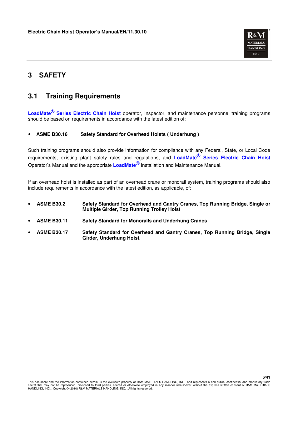 3 safety, 1 training requirements | R&M Materials Handling ELECTRIC CHAIN HOISTS LoadMate Chain Hoist General Operation Manual User Manual | Page 7 / 42