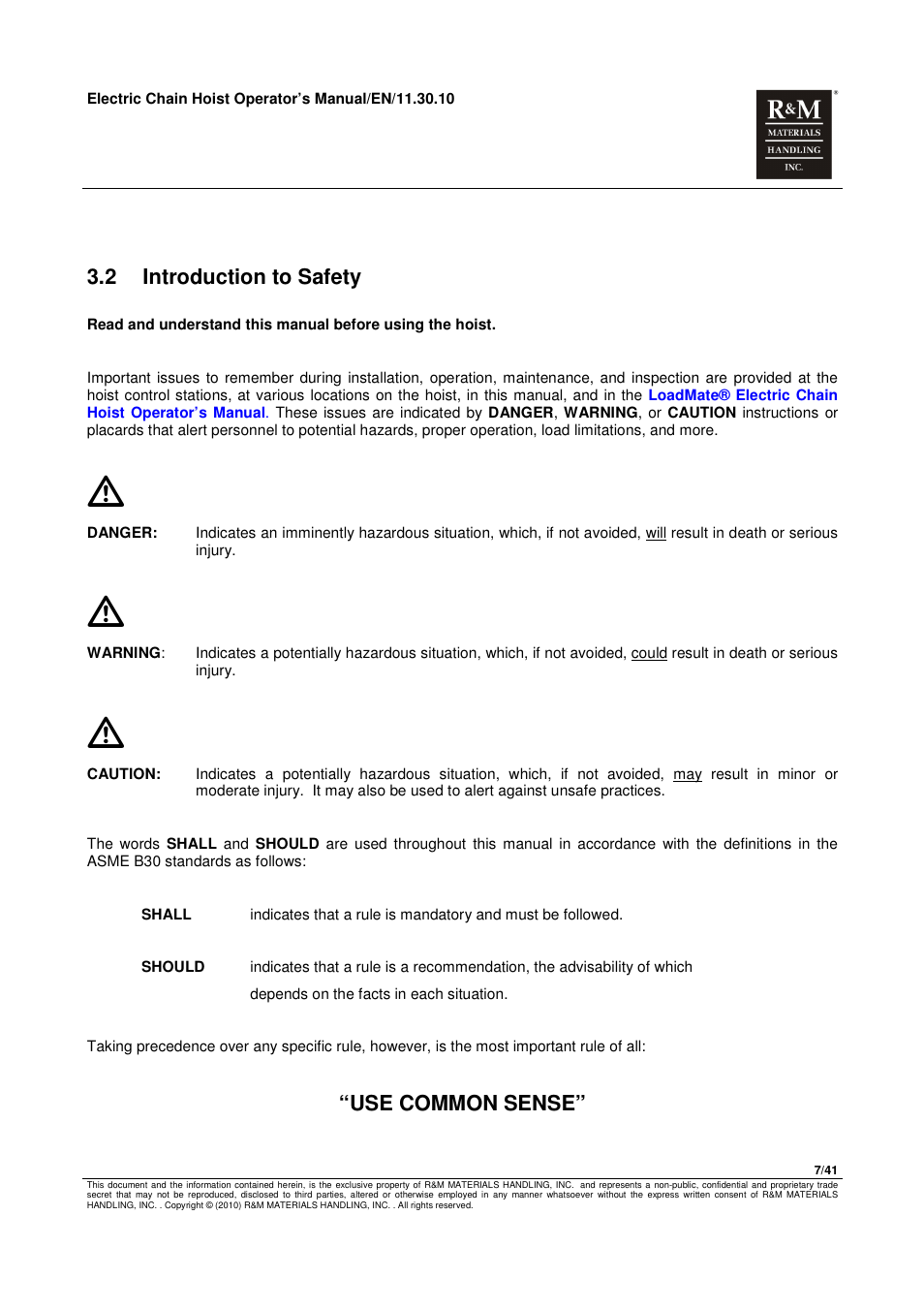 2 introduction to safety, Use common sense | R&M Materials Handling ELECTRIC CHAIN HOISTS LoadMate Chain Hoist General Operation Manual User Manual | Page 8 / 42