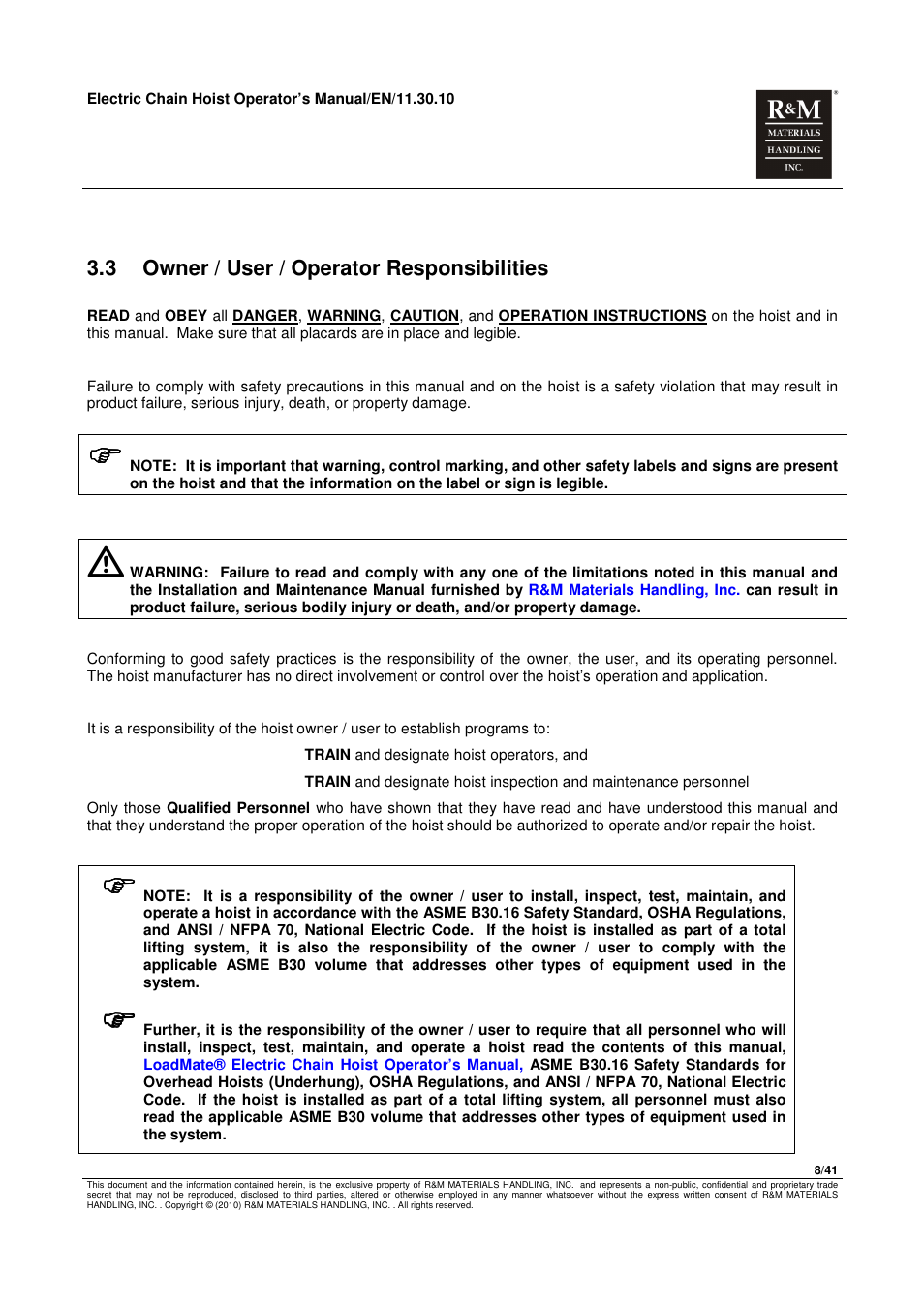 3 owner / user / operator responsibilities | R&M Materials Handling ELECTRIC CHAIN HOISTS LoadMate Chain Hoist General Operation Manual User Manual | Page 9 / 42