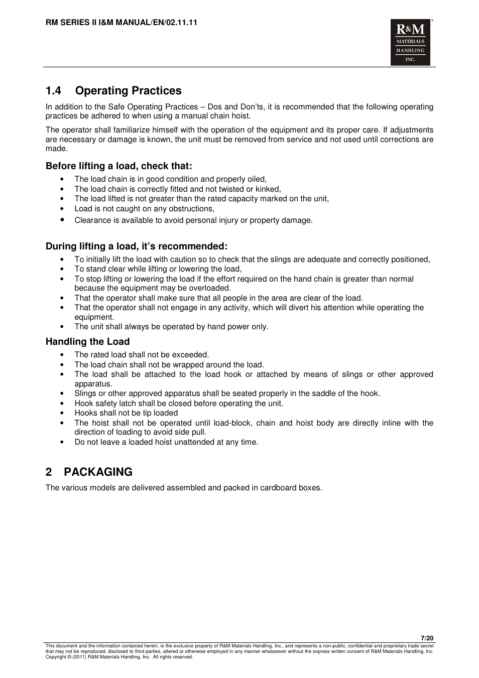 4 operating practices, 2 packaging, Before lifting a load, check that | During lifting a load, it’s recommended, Handling the load | R&M Materials Handling MANUAL CHAIN HOISTS User Manual | Page 13 / 81