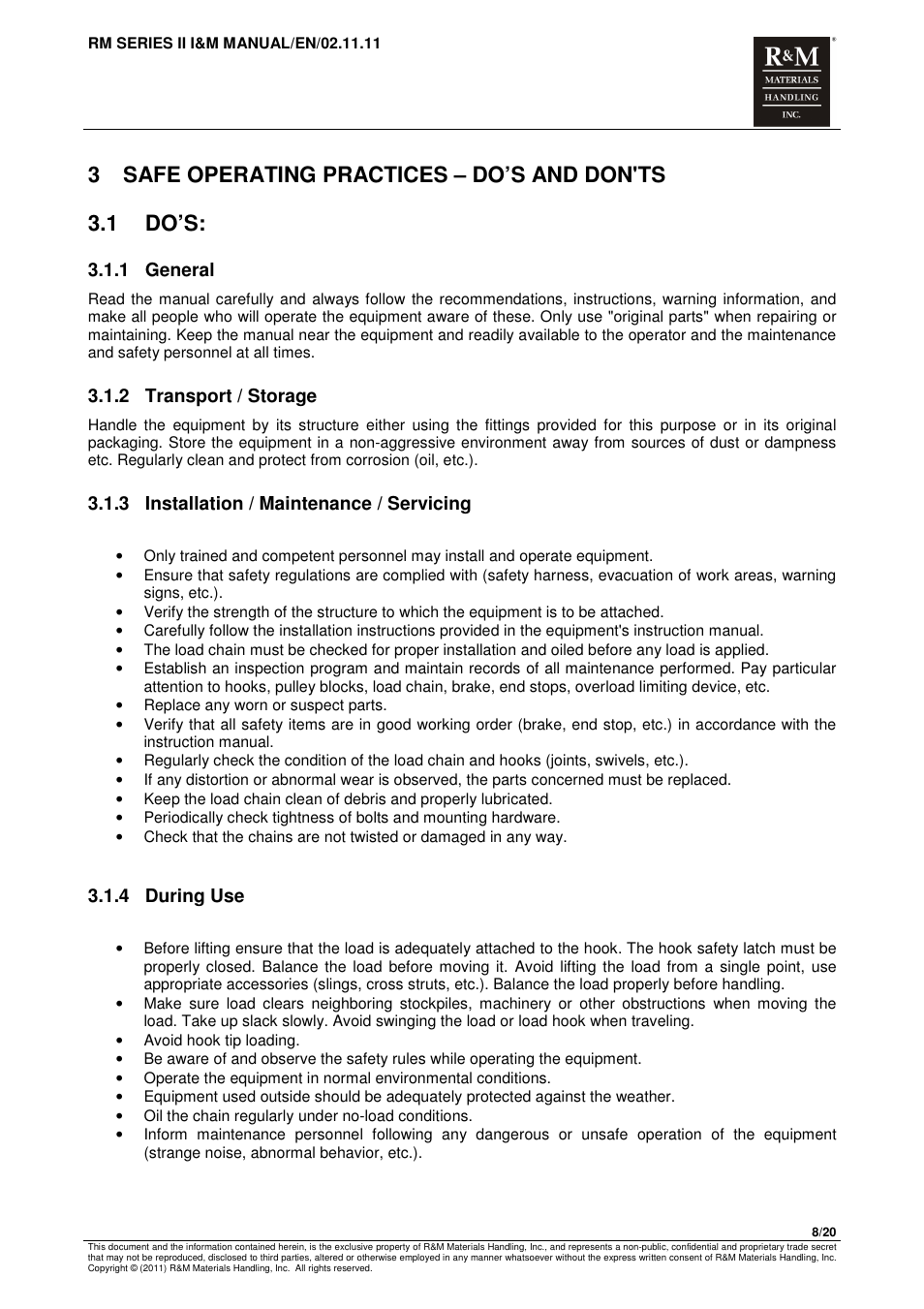 1 general, 2 transport / storage, 3 installation / maintenance / servicing | 4 during use | R&M Materials Handling MANUAL CHAIN HOISTS User Manual | Page 14 / 81
