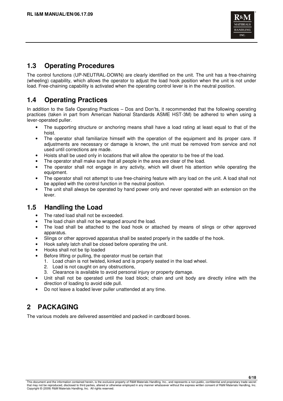 3 operating procedures, 4 operating practices, 5 handling the load | 2 packaging | R&M Materials Handling MANUAL CHAIN HOISTS User Manual | Page 32 / 81