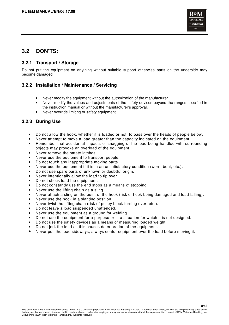 2 don’ts, 1 transport / storage, 2 installation / maintenance / servicing | 3 during use | R&M Materials Handling MANUAL CHAIN HOISTS User Manual | Page 34 / 81