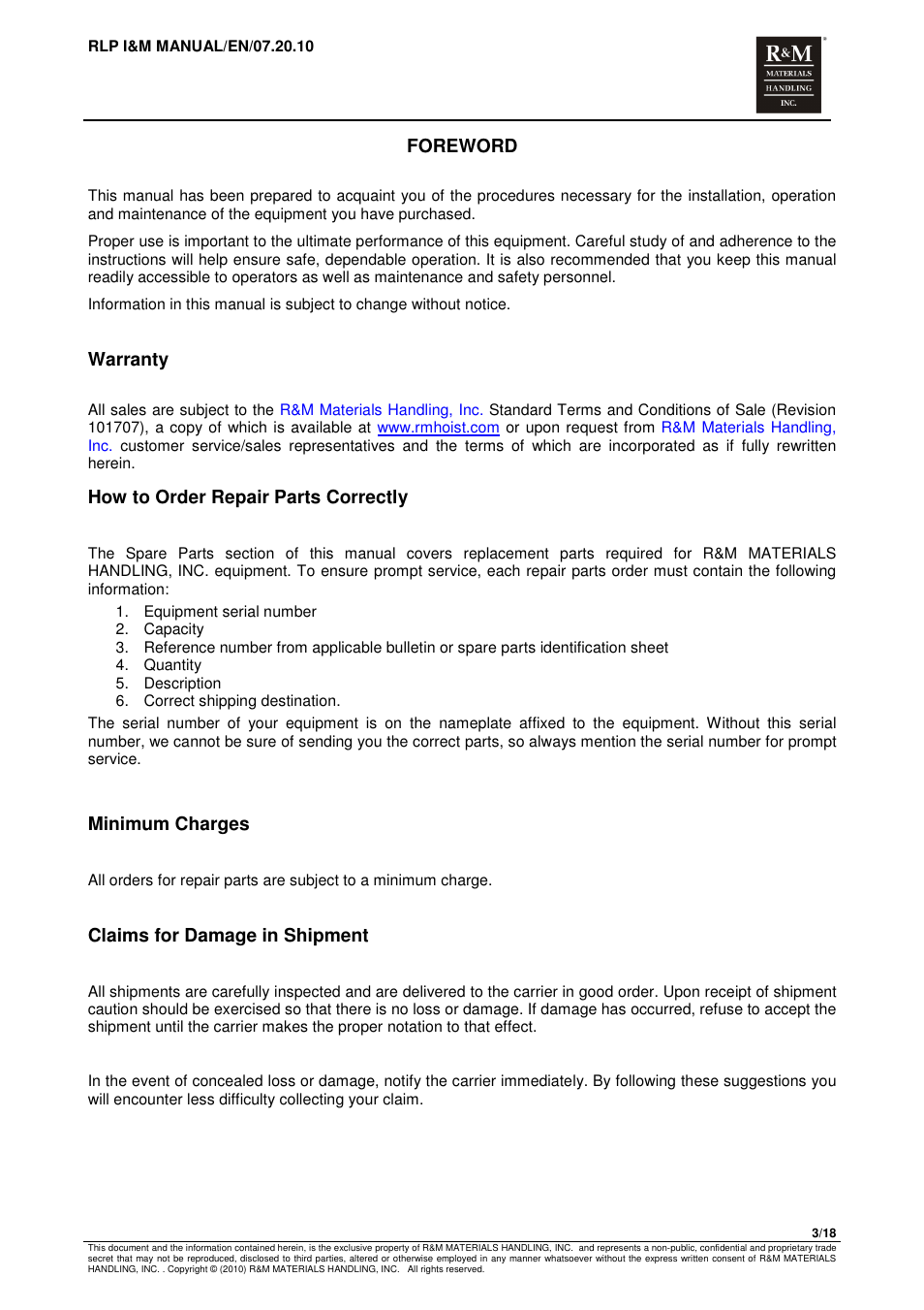 Foreword, Warranty, How to order repair parts correctly | Minimum charges, Claims for damage in shipment | R&M Materials Handling MANUAL CHAIN HOISTS User Manual | Page 47 / 81