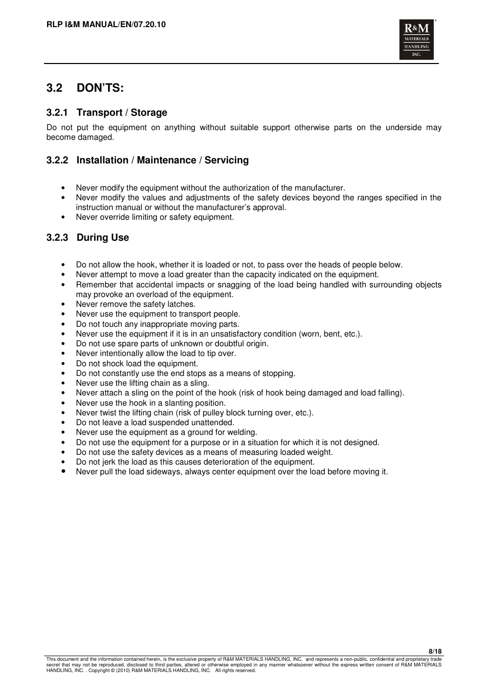 2 don’ts, 1 transport / storage, 2 installation / maintenance / servicing | 3 during use | R&M Materials Handling MANUAL CHAIN HOISTS User Manual | Page 52 / 81
