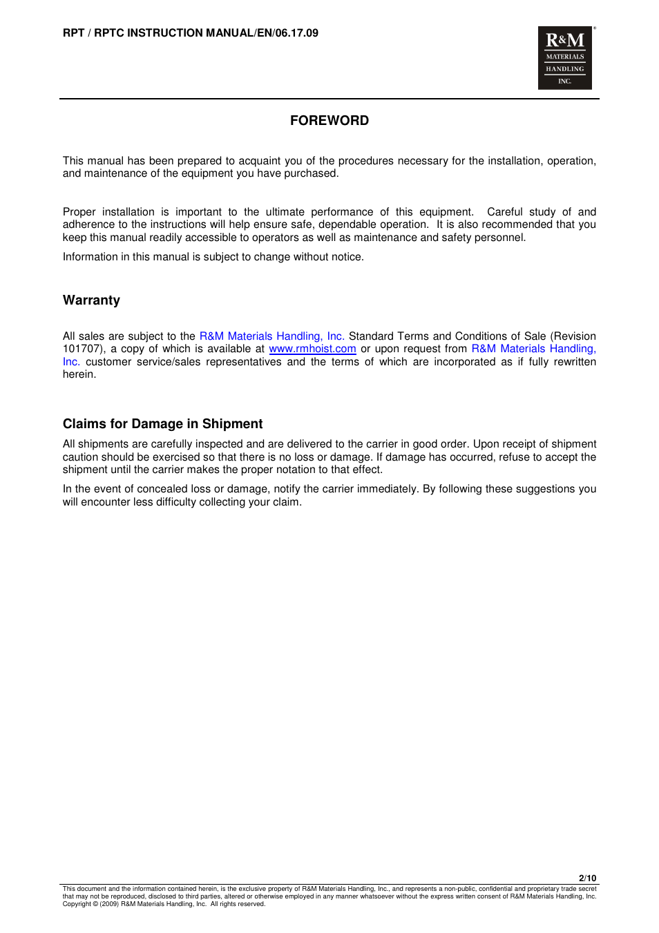 Foreword, Warranty, Claims for damage in shipment | R&M Materials Handling MANUAL CHAIN HOISTS User Manual | Page 64 / 81