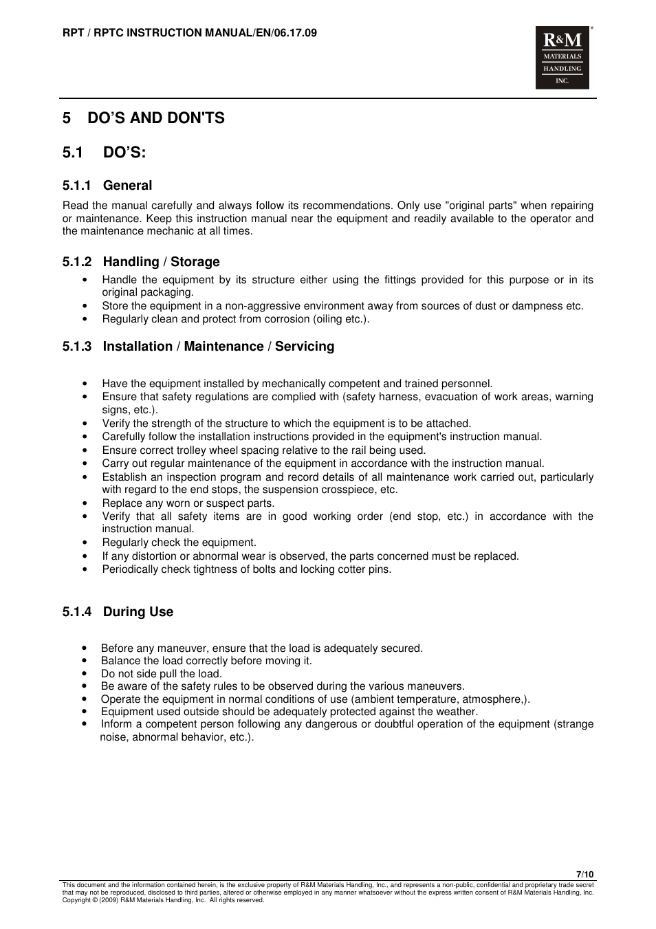 5 do’s and don'ts 5.1 do’s, 1 general, 2 handling / storage | 3 installation / maintenance / servicing, 4 during use | R&M Materials Handling MANUAL CHAIN HOISTS User Manual | Page 69 / 81
