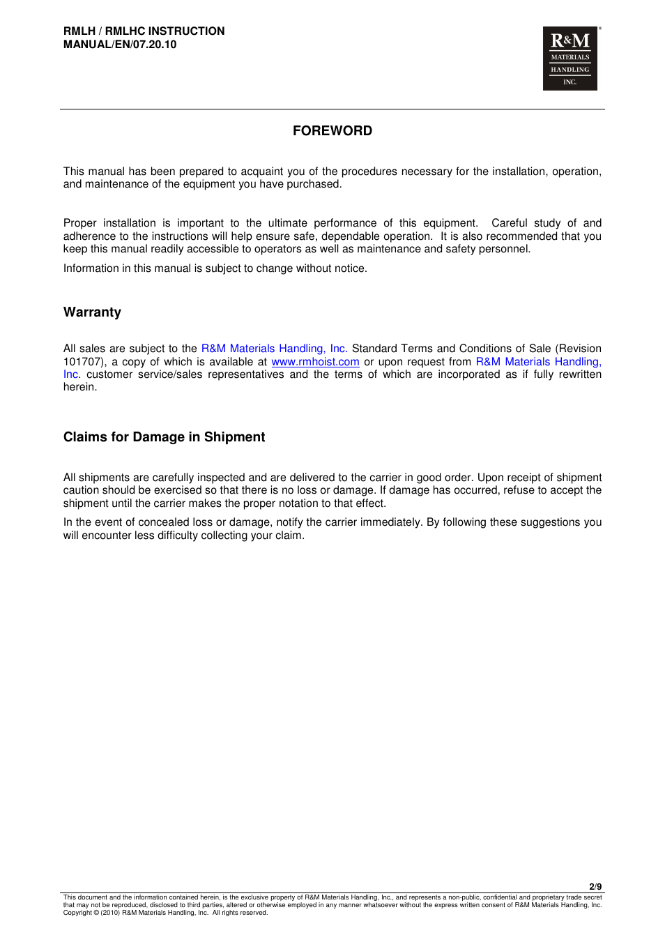 Foreword, Warranty, Claims for damage in shipment | R&M Materials Handling MANUAL CHAIN HOISTS User Manual | Page 74 / 81