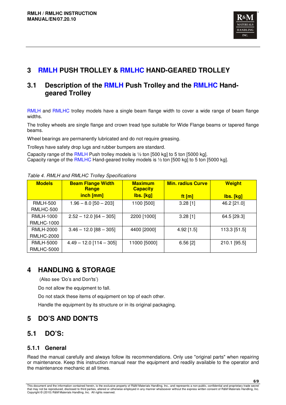 4 handling & storage, 5 do’s and don'ts 5.1 do’s | R&M Materials Handling MANUAL CHAIN HOISTS User Manual | Page 78 / 81