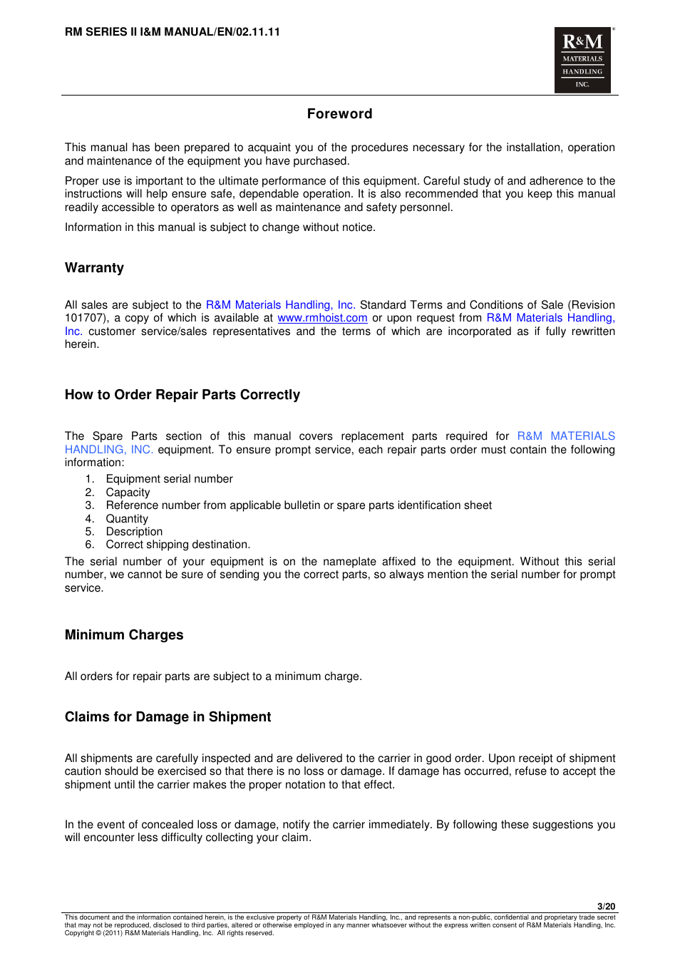 Foreword, Warranty, How to order repair parts correctly | Minimum charges, Claims for damage in shipment | R&M Materials Handling MANUAL CHAIN HOISTS User Manual | Page 9 / 81