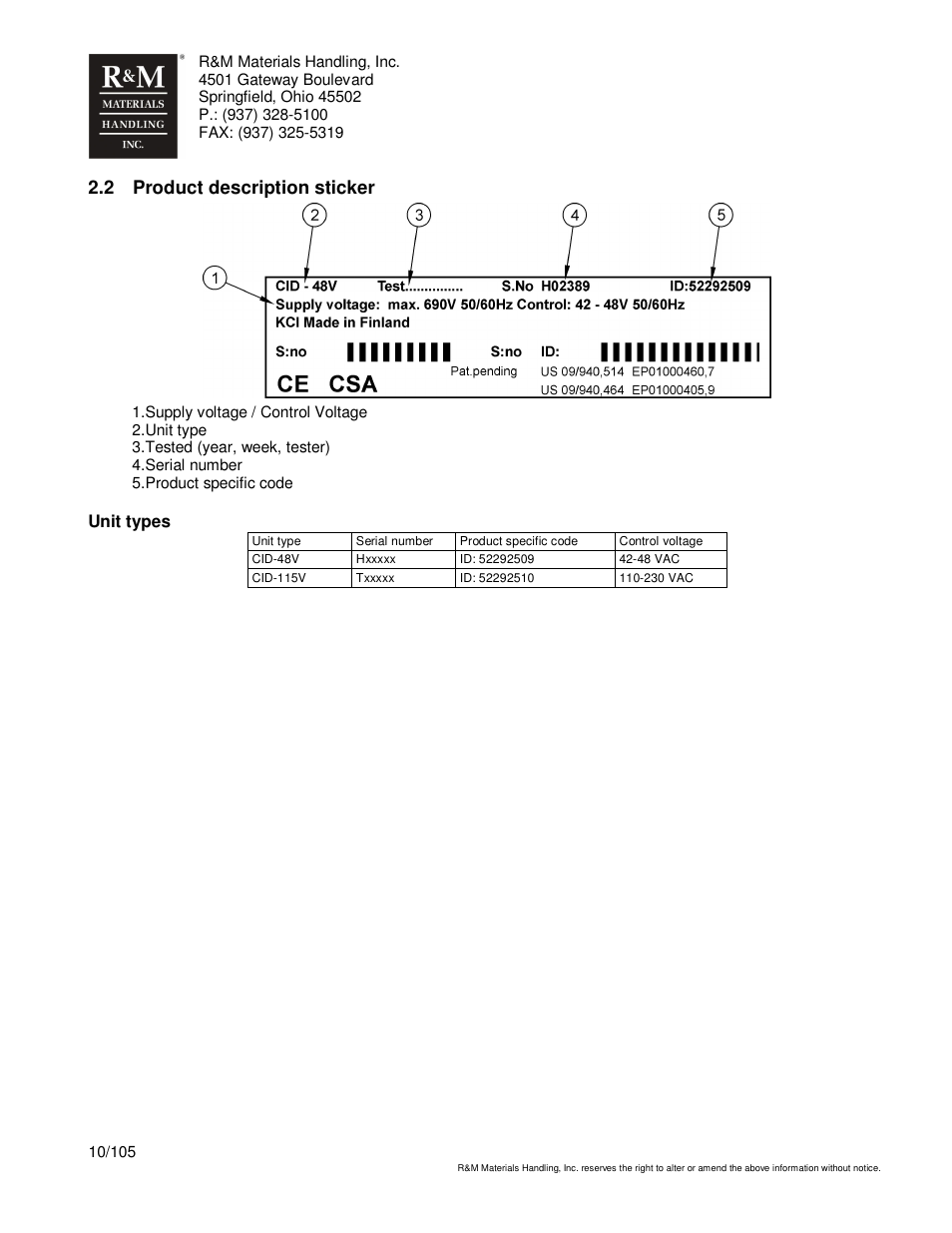 2 product description sticker, Unit types | R&M Materials Handling HOIST MONITORS User Manual | Page 10 / 105