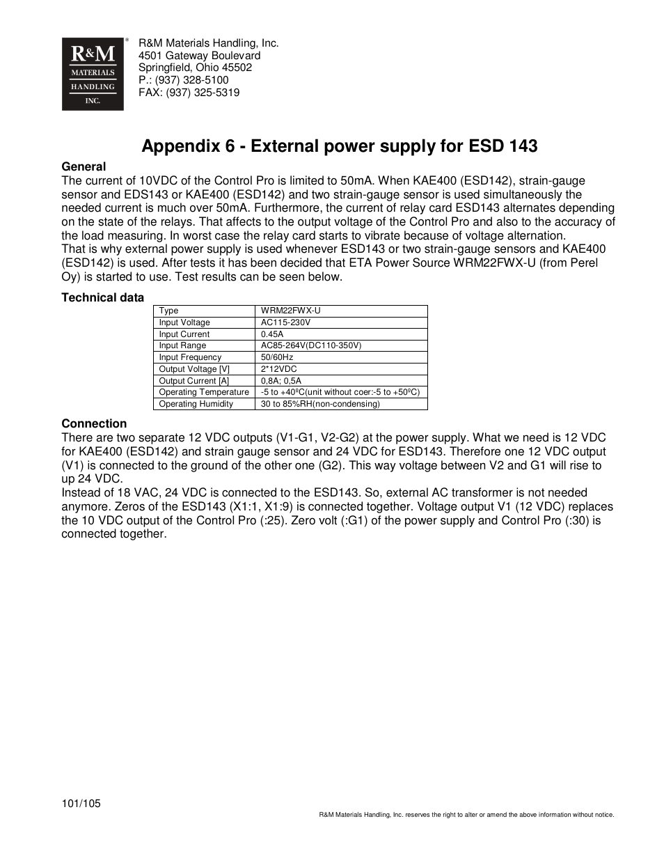 Appendix 6 - external power supply for esd 143, Technical data | R&M Materials Handling HOIST MONITORS User Manual | Page 101 / 105