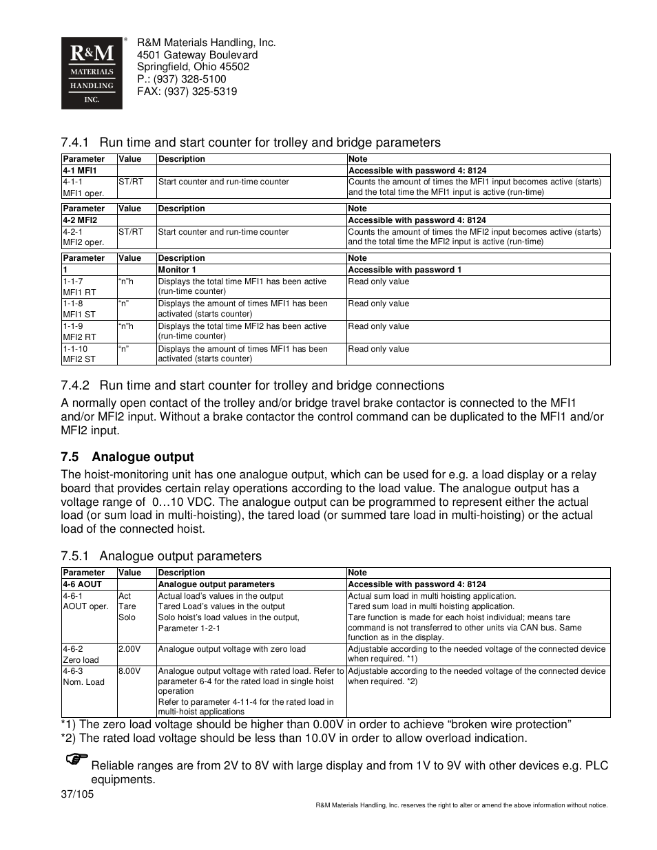 5 analogue output, 1 analogue output parameters | R&M Materials Handling HOIST MONITORS User Manual | Page 37 / 105