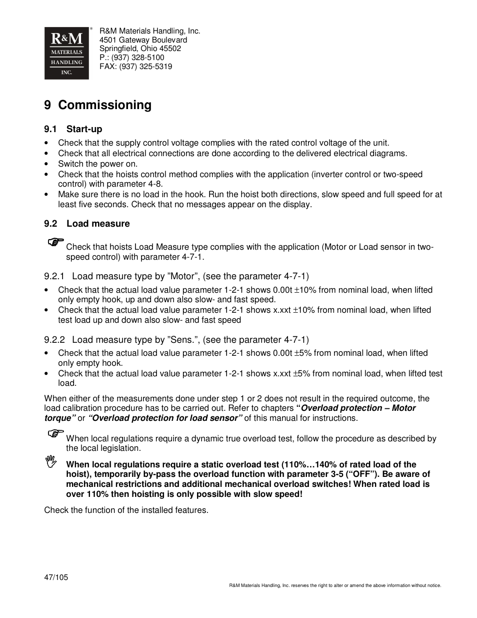 9 commissioning | R&M Materials Handling HOIST MONITORS User Manual | Page 47 / 105