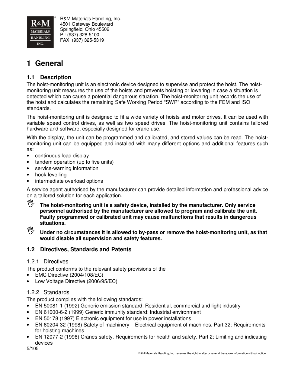 1 general | R&M Materials Handling HOIST MONITORS User Manual | Page 5 / 105