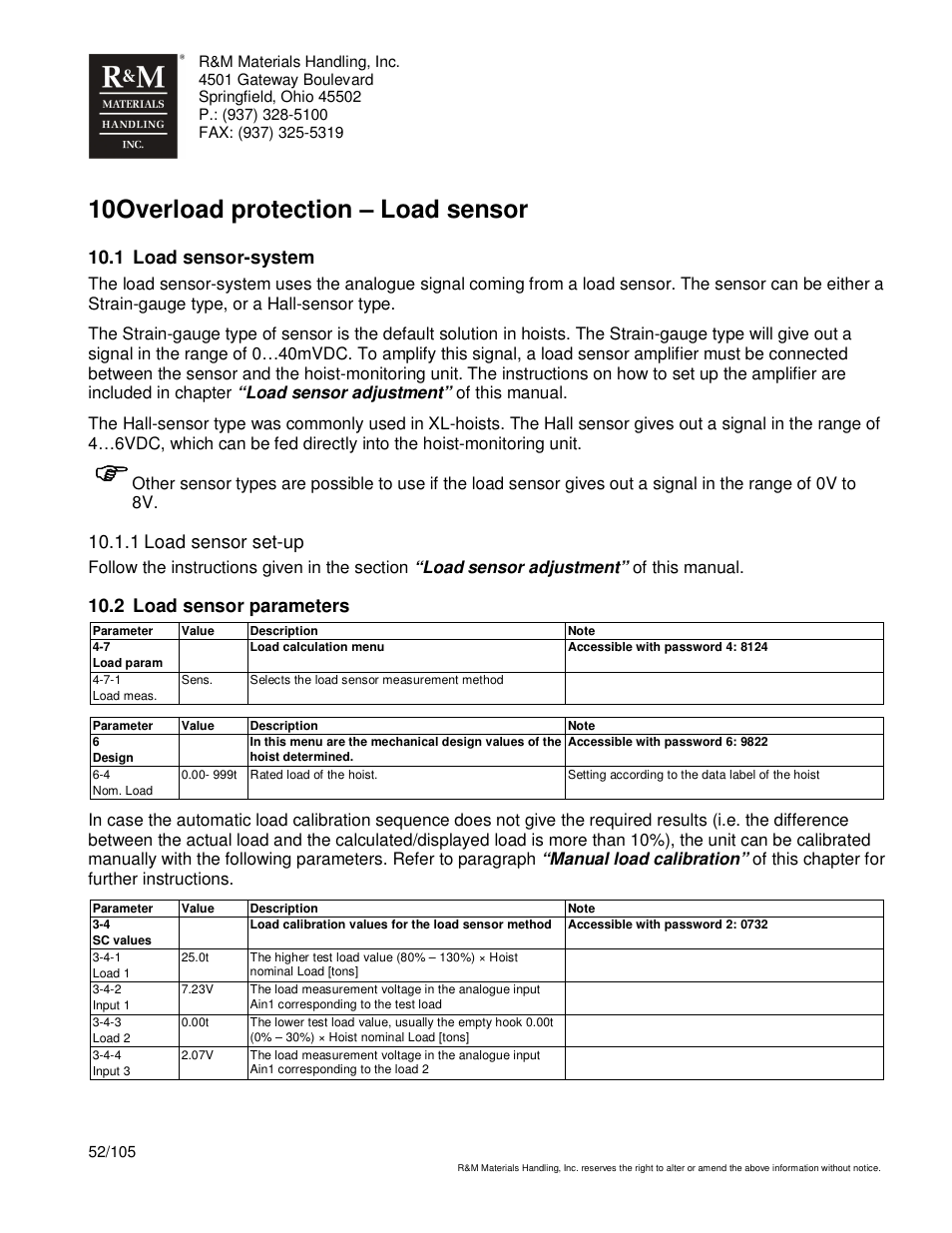 10 overload protection – load sensor, 1 load sensor-system, 1 load sensor set-up | 2 load sensor parameters | R&M Materials Handling HOIST MONITORS User Manual | Page 52 / 105