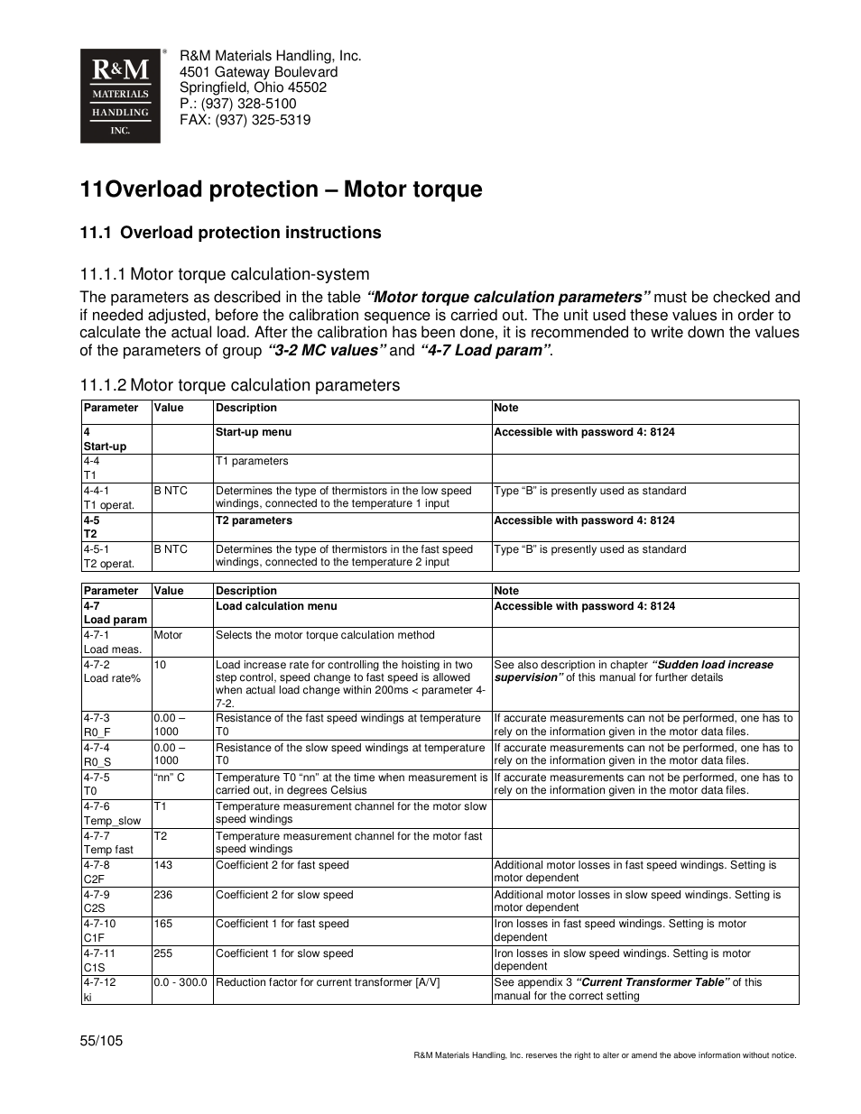 11 overload protection – motor torque, 2 motor torque calculation parameters | R&M Materials Handling HOIST MONITORS User Manual | Page 55 / 105