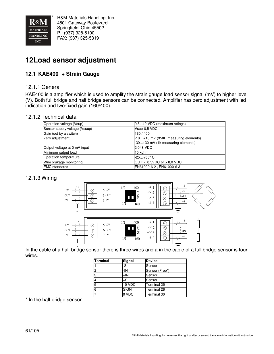 12 load sensor adjustment, 2 technical data, 3 wiring | R&M Materials Handling HOIST MONITORS User Manual | Page 61 / 105