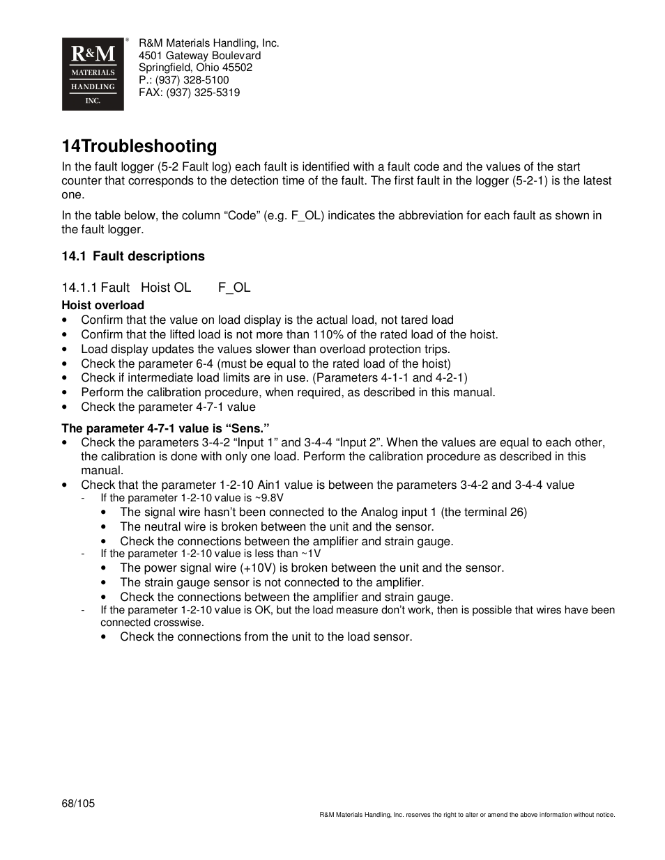 14 troubleshooting | R&M Materials Handling HOIST MONITORS User Manual | Page 68 / 105