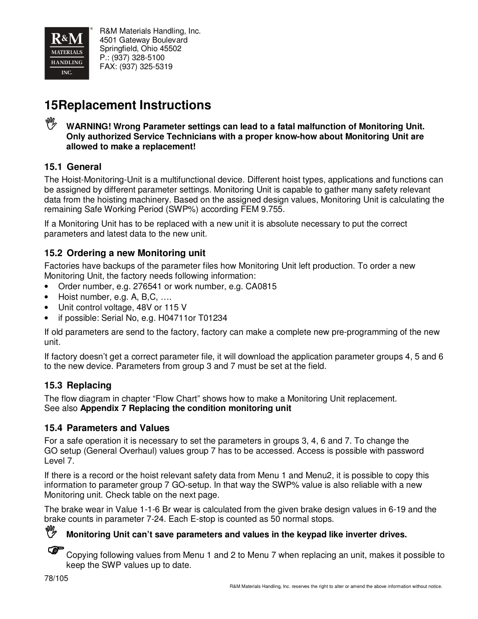 15 replacement instructions | R&M Materials Handling HOIST MONITORS User Manual | Page 78 / 105