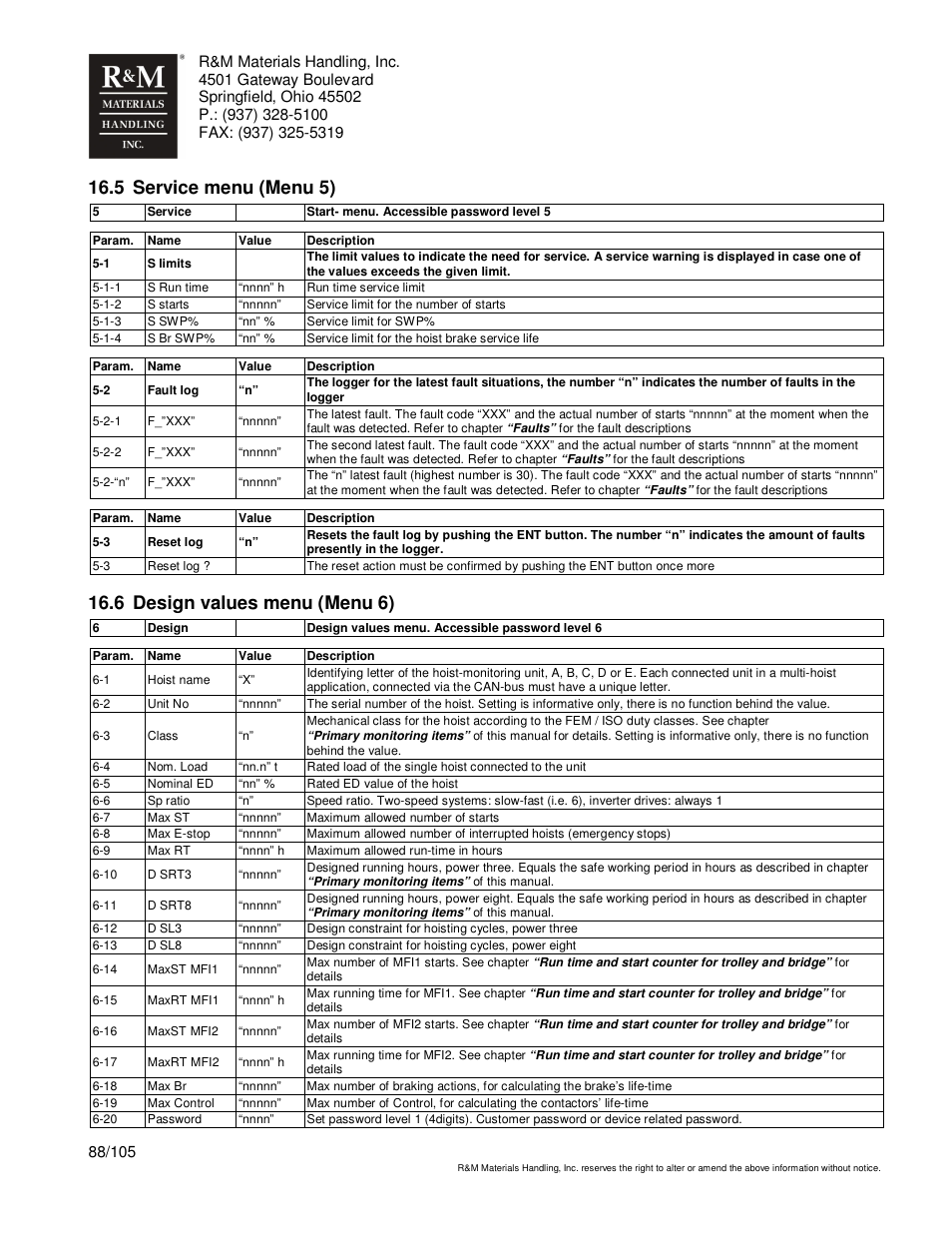 5 service menu (menu 5), 6 design values menu (menu 6) | R&M Materials Handling HOIST MONITORS User Manual | Page 88 / 105