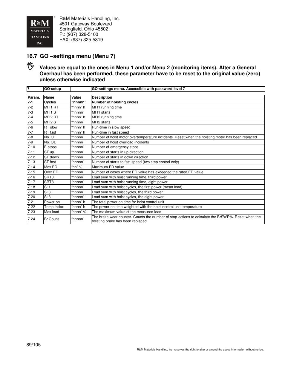 7 go –settings menu (menu 7) | R&M Materials Handling HOIST MONITORS User Manual | Page 89 / 105