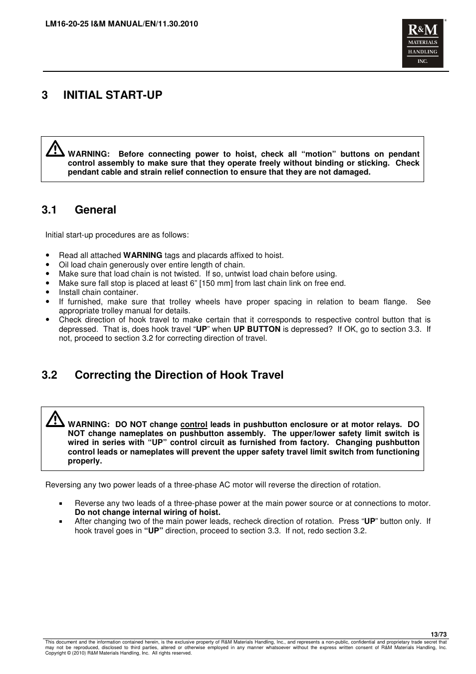 3initial start-up, 1 general, 2 correcting the direction of hook travel | R&M Materials Handling ELECTRIC CHAIN HOISTS LoadMate Chain Hoist LM 16-20-25 User Manual | Page 13 / 73