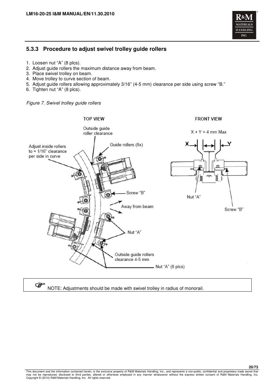 3 procedure to adjust swivel trolley guide rollers | R&M Materials Handling ELECTRIC CHAIN HOISTS LoadMate Chain Hoist LM 16-20-25 User Manual | Page 20 / 73