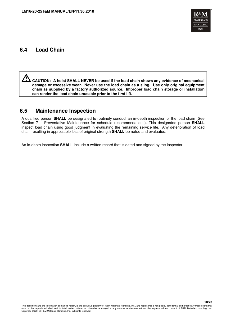 4 load chain, 5 maintenance inspection | R&M Materials Handling ELECTRIC CHAIN HOISTS LoadMate Chain Hoist LM 16-20-25 User Manual | Page 28 / 73