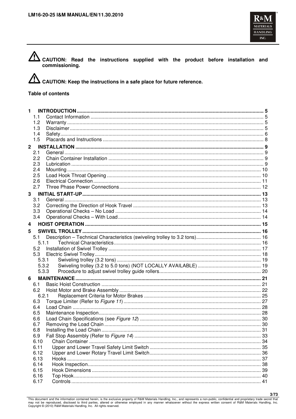 R&M Materials Handling ELECTRIC CHAIN HOISTS LoadMate Chain Hoist LM 16-20-25 User Manual | Page 3 / 73