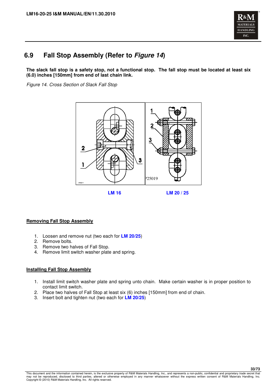 9 fall stop assembly (refer to figure 14 ) | R&M Materials Handling ELECTRIC CHAIN HOISTS LoadMate Chain Hoist LM 16-20-25 User Manual | Page 33 / 73