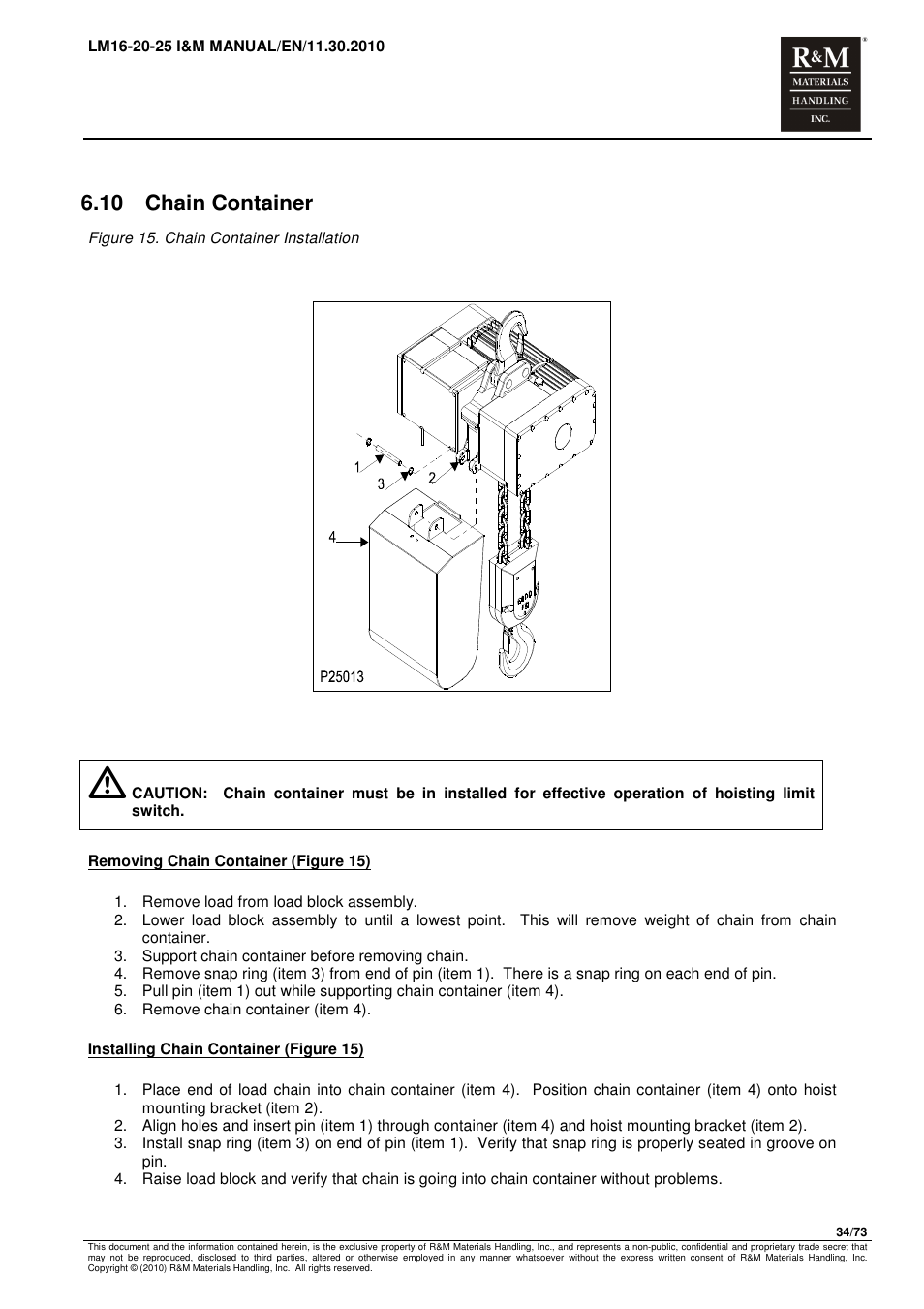 10 chain container | R&M Materials Handling ELECTRIC CHAIN HOISTS LoadMate Chain Hoist LM 16-20-25 User Manual | Page 34 / 73