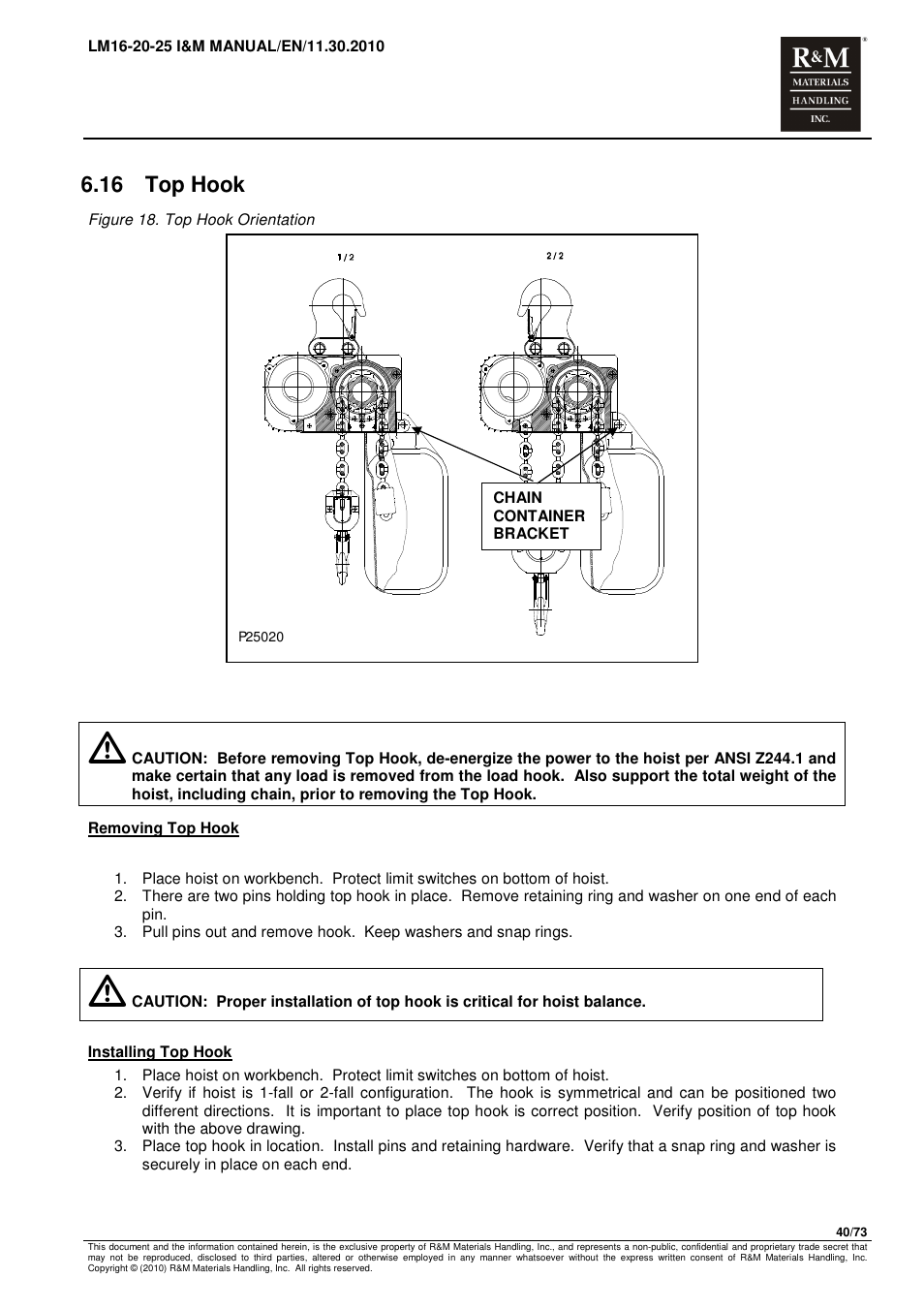 16 top hook | R&M Materials Handling ELECTRIC CHAIN HOISTS LoadMate Chain Hoist LM 16-20-25 User Manual | Page 40 / 73