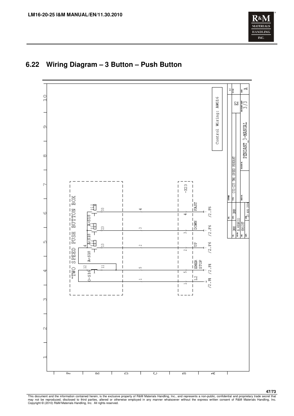22 wiring diagram – 3 button – push button | R&M Materials Handling ELECTRIC CHAIN HOISTS LoadMate Chain Hoist LM 16-20-25 User Manual | Page 47 / 73