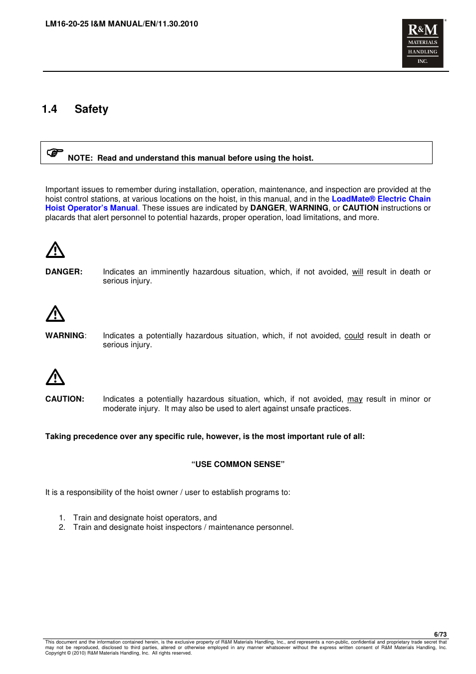 4 safety | R&M Materials Handling ELECTRIC CHAIN HOISTS LoadMate Chain Hoist LM 16-20-25 User Manual | Page 6 / 73