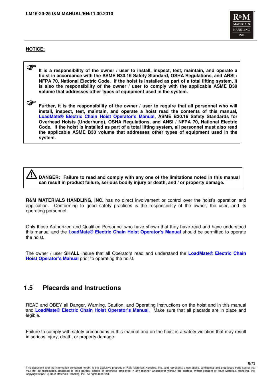 5 placards and instructions | R&M Materials Handling ELECTRIC CHAIN HOISTS LoadMate Chain Hoist LM 16-20-25 User Manual | Page 8 / 73