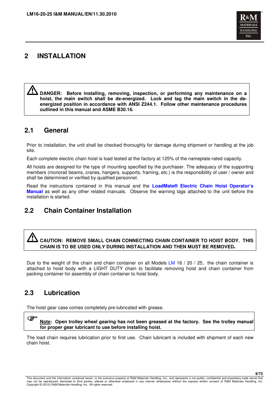 2installation, 1 general, 2 chain container installation | 3 lubrication | R&M Materials Handling ELECTRIC CHAIN HOISTS LoadMate Chain Hoist LM 16-20-25 User Manual | Page 9 / 73