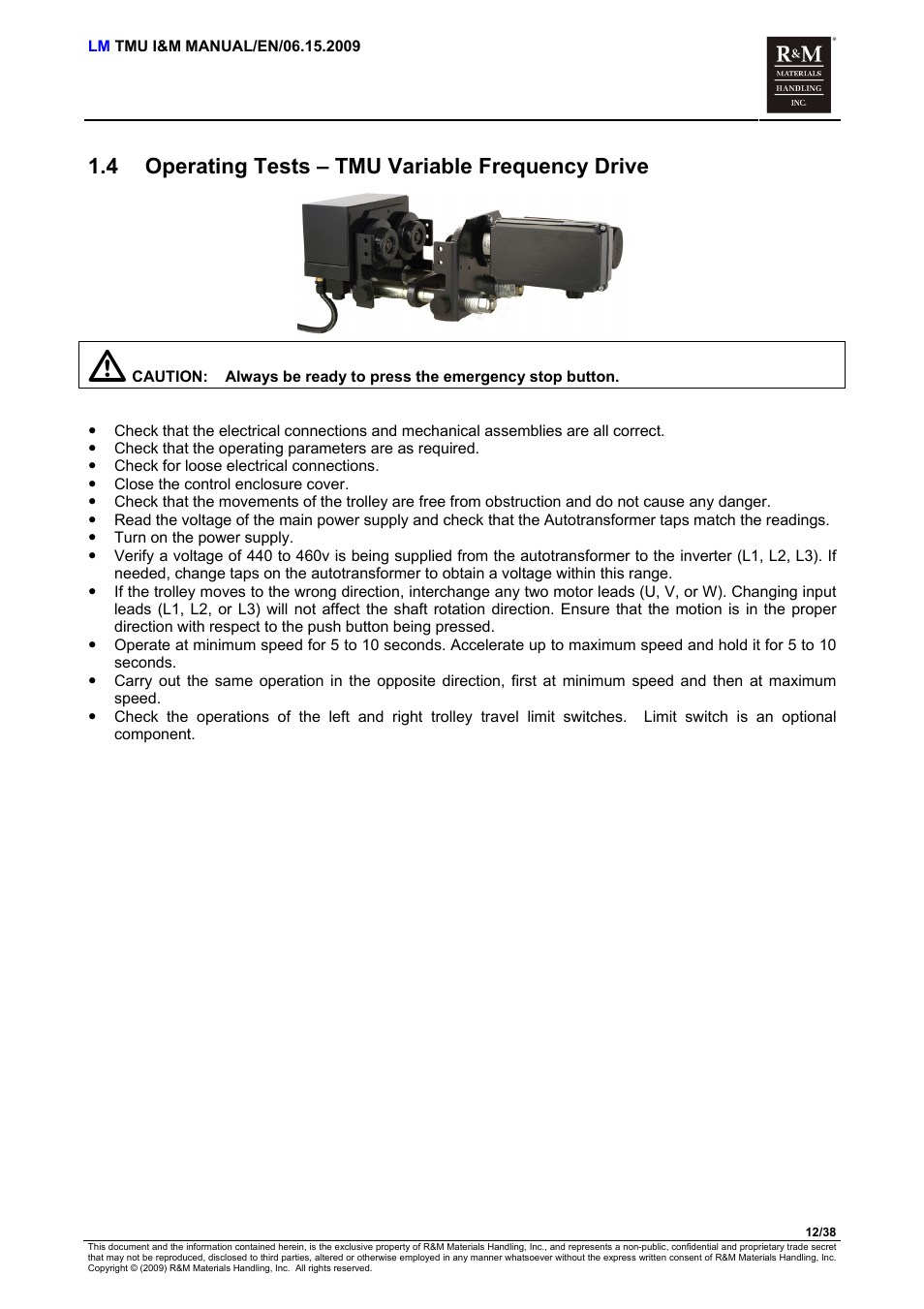Operating tests – tmu variable frequency drive, 4 operating tests – tmu variable frequency drive | R&M Materials Handling ELECTRIC CHAIN HOISTS LoadMate Chain Hoist TMU Motorized Trolley User Manual | Page 12 / 38