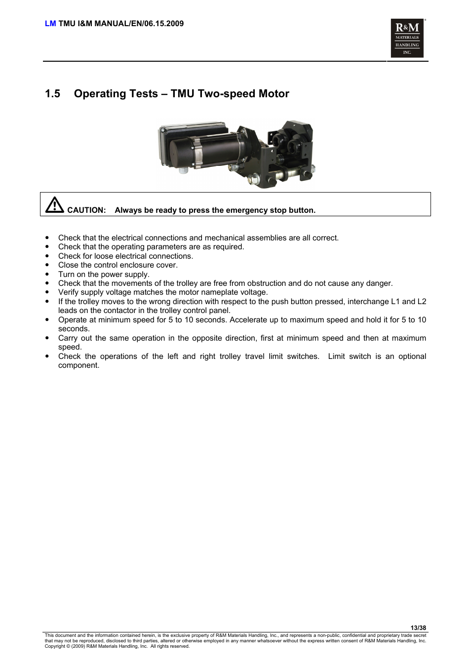 Operating tests – tmu two-speed motor, 5 operating tests – tmu two-speed motor | R&M Materials Handling ELECTRIC CHAIN HOISTS LoadMate Chain Hoist TMU Motorized Trolley User Manual | Page 13 / 38