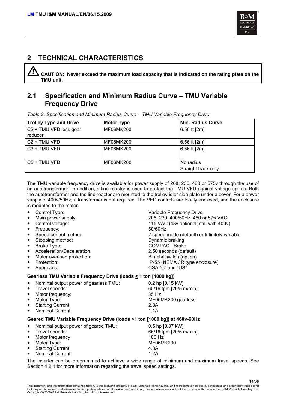 Technical characteristics, 2 technical characteristics | R&M Materials Handling ELECTRIC CHAIN HOISTS LoadMate Chain Hoist TMU Motorized Trolley User Manual | Page 14 / 38