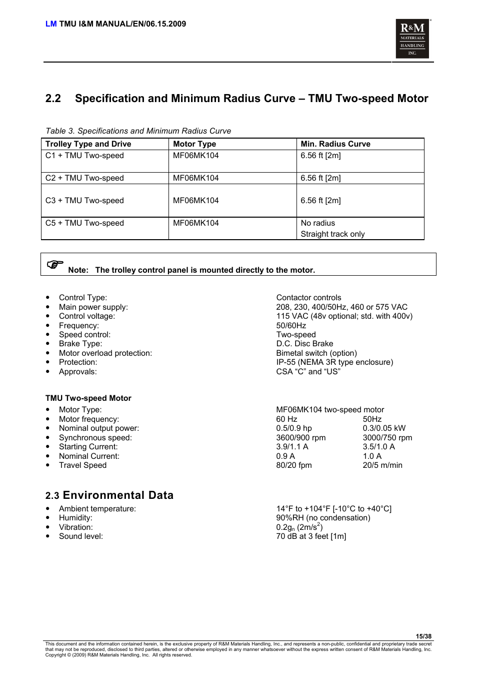3 environmental data, Environmental data | R&M Materials Handling ELECTRIC CHAIN HOISTS LoadMate Chain Hoist TMU Motorized Trolley User Manual | Page 15 / 38