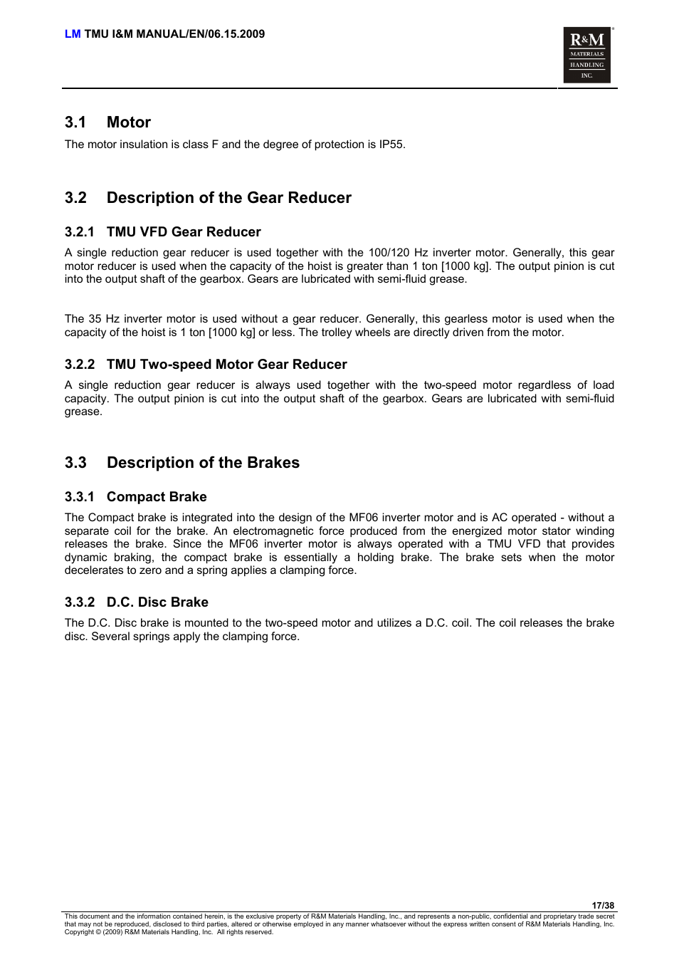 Motor, Description of the gear reducer, Tmu vfd gear reducer | Tmu two-speed motor gear reducer, Description of the brakes, Compact brake, D.c. disc brake, 1 motor, 2 description of the gear reducer, 3 description of the brakes | R&M Materials Handling ELECTRIC CHAIN HOISTS LoadMate Chain Hoist TMU Motorized Trolley User Manual | Page 17 / 38