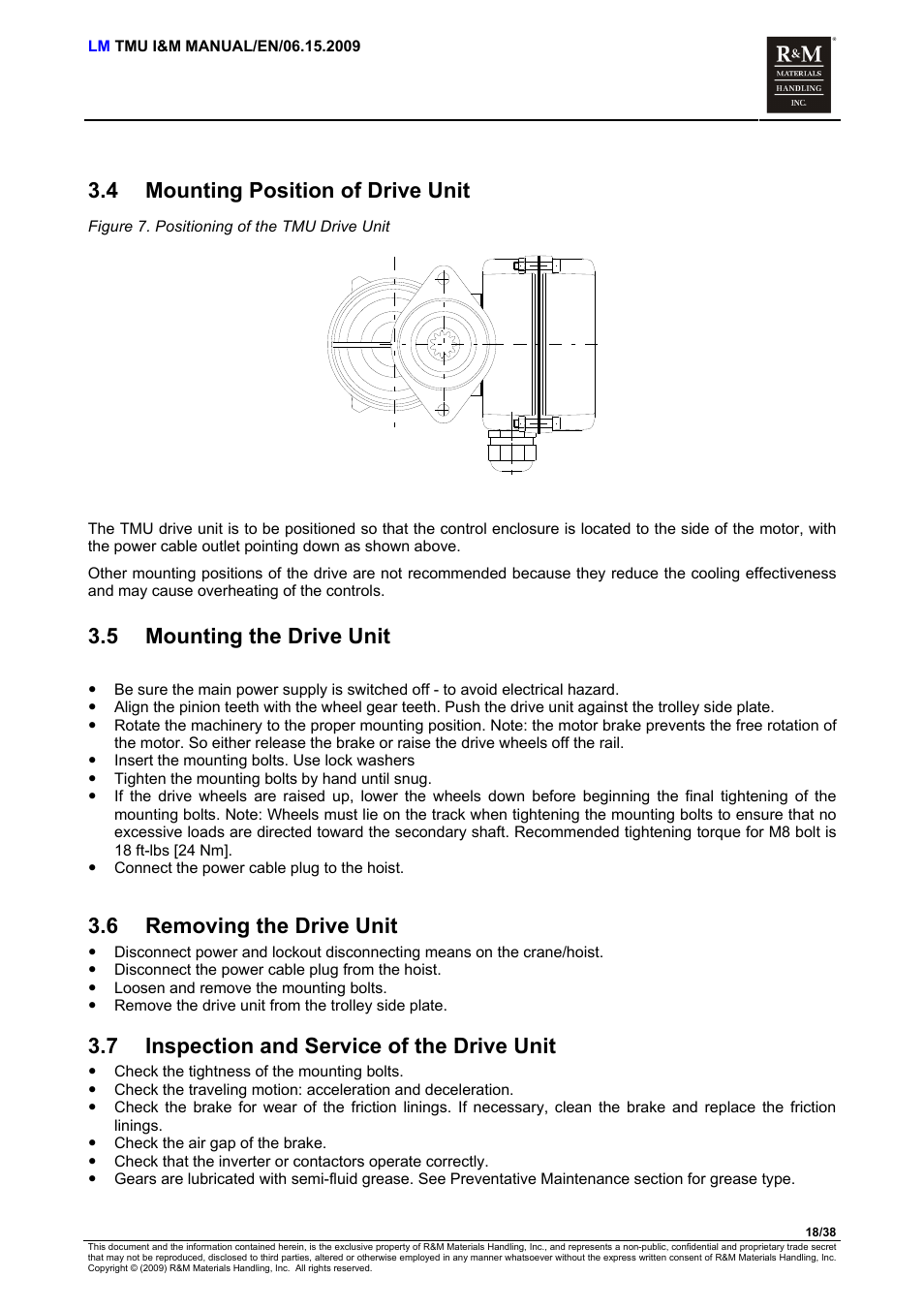 Mounting position of drive unit, Mounting the drive unit, Removing the drive unit | Inspection and service of the drive unit, 4 mounting position of drive unit, 5 mounting the drive unit, 6 removing the drive unit, 7 inspection and service of the drive unit | R&M Materials Handling ELECTRIC CHAIN HOISTS LoadMate Chain Hoist TMU Motorized Trolley User Manual | Page 18 / 38