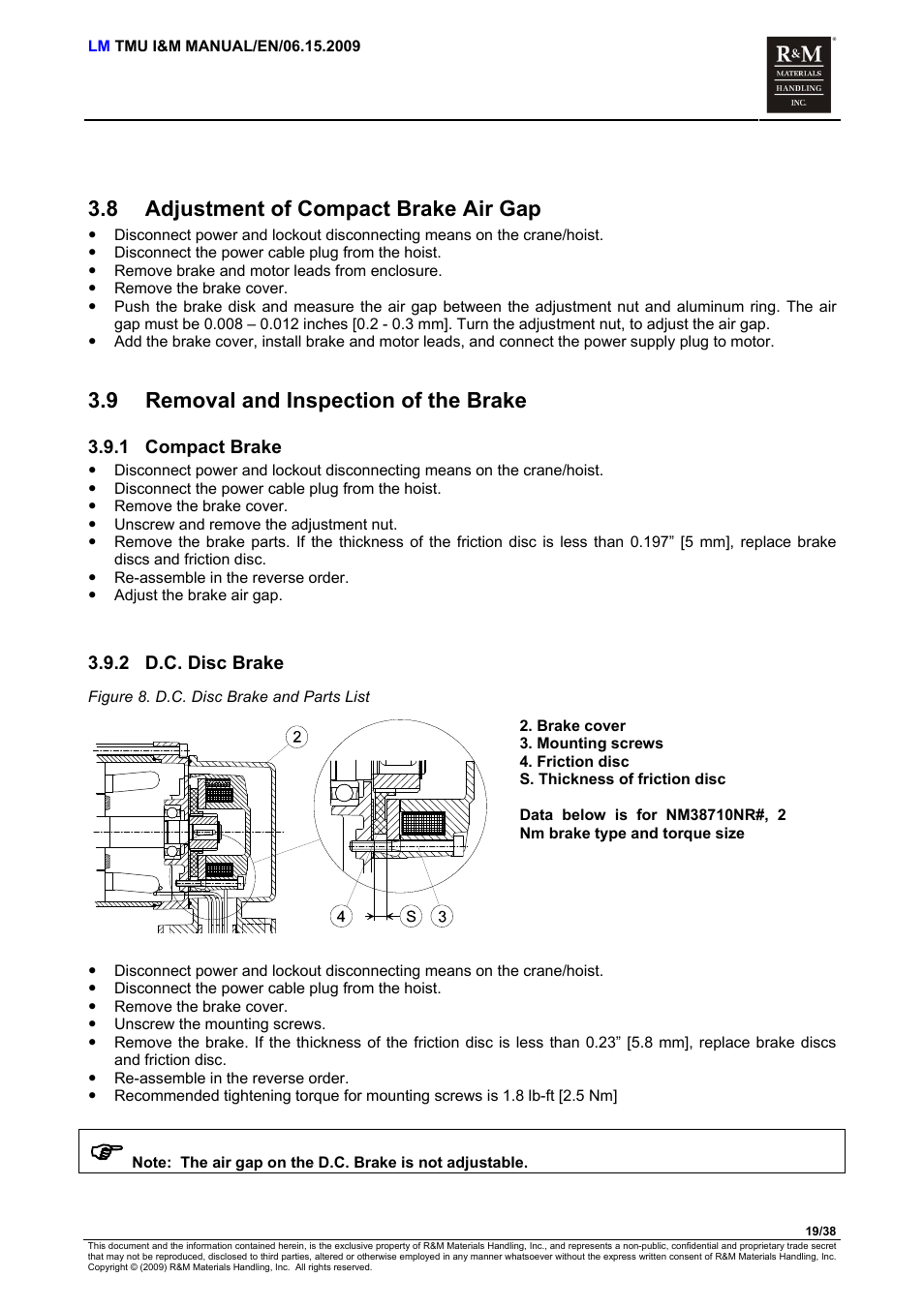 Adjustment of compact brake air gap, Removal and inspection of the brake, Compact brake | D.c. disc brake, 8 adjustment of compact brake air gap, 9 removal and inspection of the brake | R&M Materials Handling ELECTRIC CHAIN HOISTS LoadMate Chain Hoist TMU Motorized Trolley User Manual | Page 19 / 38