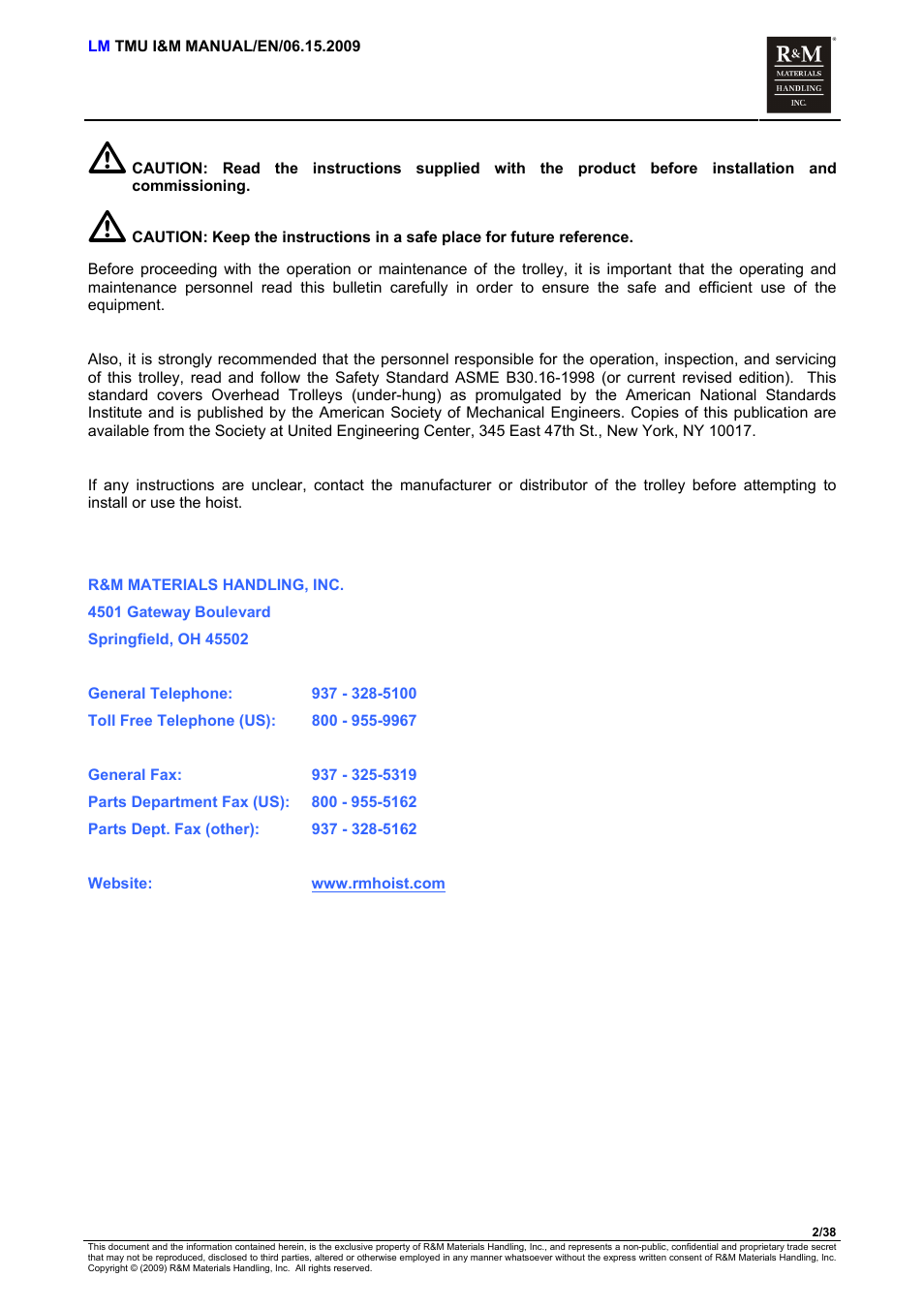 R&M Materials Handling ELECTRIC CHAIN HOISTS LoadMate Chain Hoist TMU Motorized Trolley User Manual | Page 2 / 38
