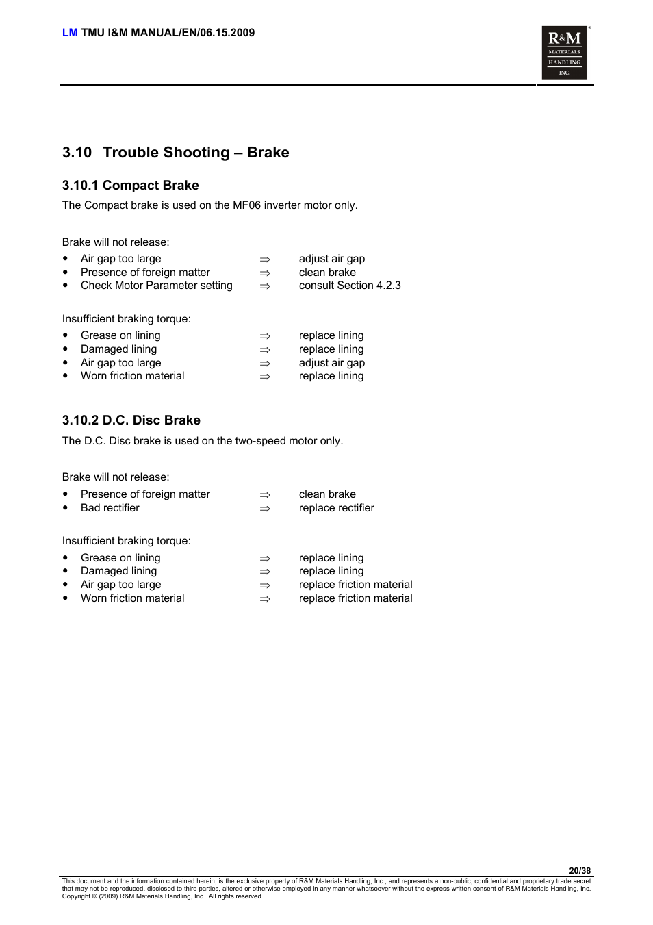 Trouble shooting – brake, Compact brake, D.c. disc brake | 10 trouble shooting – brake, 1 compact brake, 2 d.c. disc brake | R&M Materials Handling ELECTRIC CHAIN HOISTS LoadMate Chain Hoist TMU Motorized Trolley User Manual | Page 20 / 38