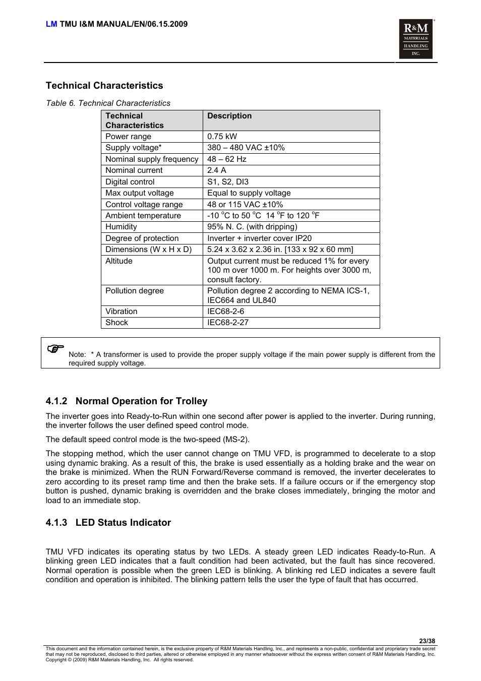 Technical characteristics, Normal operation for trolley, Led status indicator | R&M Materials Handling ELECTRIC CHAIN HOISTS LoadMate Chain Hoist TMU Motorized Trolley User Manual | Page 23 / 38