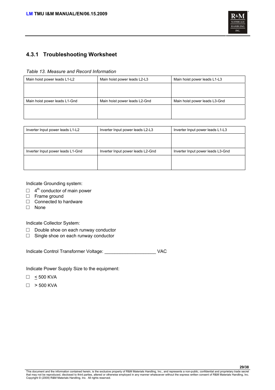 Troubleshooting worksheet, 1 troubleshooting worksheet | R&M Materials Handling ELECTRIC CHAIN HOISTS LoadMate Chain Hoist TMU Motorized Trolley User Manual | Page 29 / 38