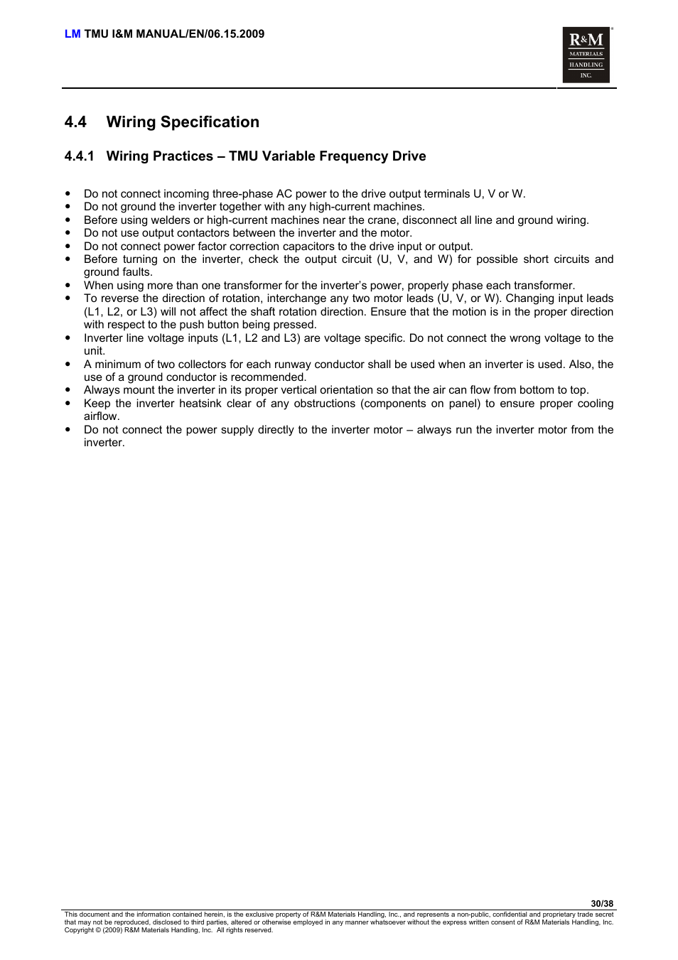 Wiring specification, Wiring practices – tmu variable frequency drive, 4 wiring specification | 1 wiring practices – tmu variable frequency drive | R&M Materials Handling ELECTRIC CHAIN HOISTS LoadMate Chain Hoist TMU Motorized Trolley User Manual | Page 30 / 38