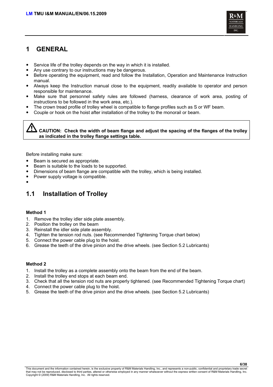 General, Installation of trolley, 1 general | 1 installation of trolley | R&M Materials Handling ELECTRIC CHAIN HOISTS LoadMate Chain Hoist TMU Motorized Trolley User Manual | Page 6 / 38